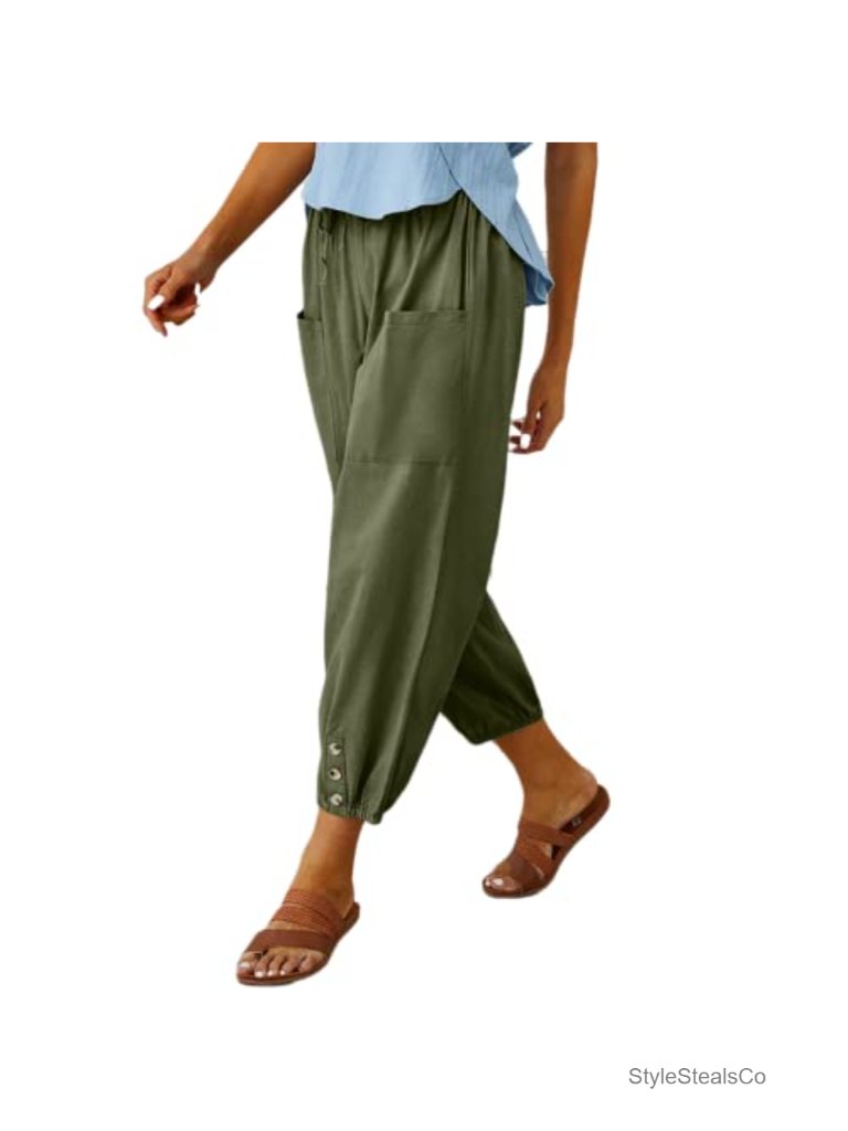 Women's Cotton Elastic Waist Drawstring Capri Pants With Pockets